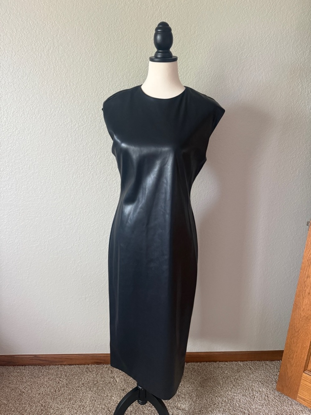 Calvin Klein Black Faux-Leather Midi Sheath Dress